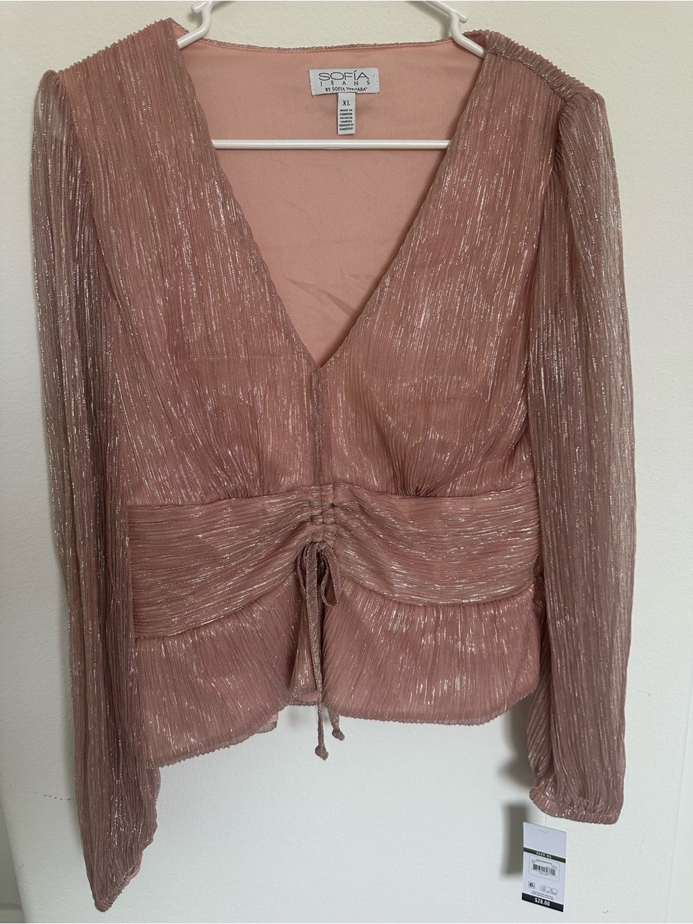 sofia by sofia vergara Rose Gold Metallic V-Neck Ruched Blouse